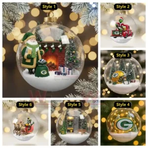 A collage of six Green Bay Packers themed Christmas ornaments each with miniature snowy scenes inside clear spheres!