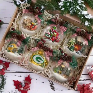 A gift box containing six Green Bay Packers Christmas ornaments arranged with decorative greenery and bows!