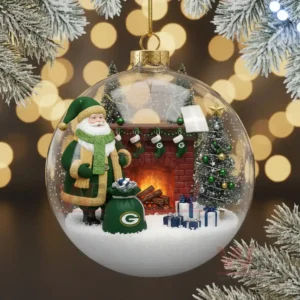 A clear ornament containing a Green Bay Packers Santa scene with a fireplace tree and gifts!