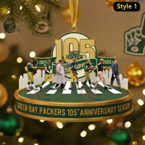 A Green Bay Packers 105th Anniversary ornament featuring players in Packers uniforms walking across a crosswalk in a Beatles-inspired design.