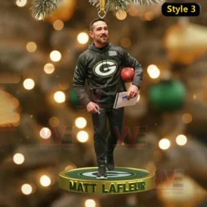 An ornament featuring Green Bay Packers head coach Matt LaFleur holding a football and clipboard in team gear.