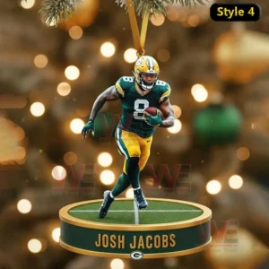 An action-packed Green Bay Packers ornament featuring Josh Jacobs running with the football.