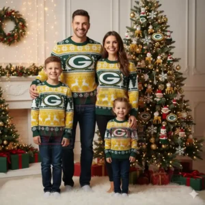 Green Bay Packers NFL Christmas Ugly Sweater 2025 4 Family in matching green and yellow Packers Christmas sweaters standing beside a decorated tree with gifts and ornaments!