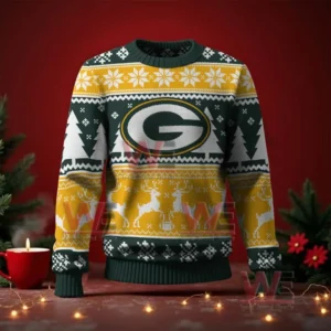 Green Bay Packers NFL Christmas Ugly Sweater 2025 5 Green and yellow Christmas sweater with a large G logo on the front and festive reindeer and snowflake knit designs!