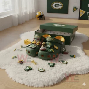 Green and yellow Green Bay Packers clogs with football charms displayed in an open box on a white furry rug!