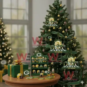 Alt text: A Green Bay Packers-themed Christmas tree with various ornaments and memorabilia arranged on a table nearby.