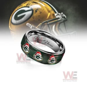 Alt text: Green Bay Packers Christmas-themed tungsten ring with a Santa hat design and team helmet background.