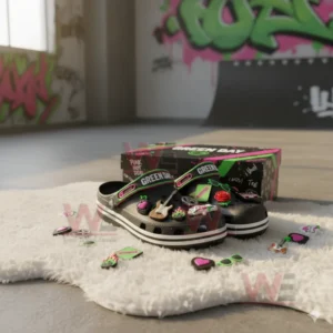 Black Green Day clogs with music charms displayed on a white furry rug in a graffiti styled room!