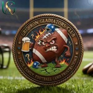 Gridiron Gladiators Club coin showing angry football mascot holding beer with fire and sports field background!