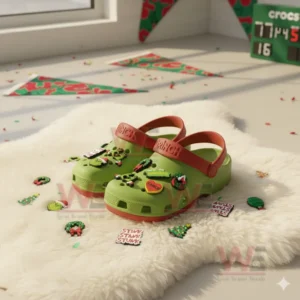 Green Grinch themed clogs with holiday charms displayed on a white furry rug in a festive room!