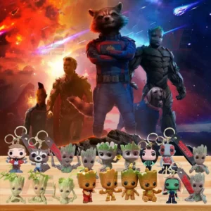 Mini Guardians of the Galaxy figures on wooden surface with colorful space background and main characters standing heroically!