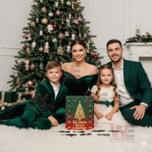 Family of four posing with a Christmas tree and a toy weapon advent calendar!