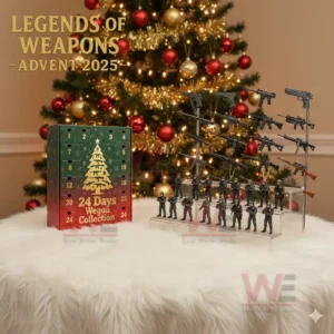 Toy gun and soldier figurines arranged beside a themed advent calendar!