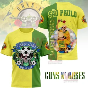 A Brazil themed Guns N Roses shirt with soccer and skeleton graphics in green and yellow!