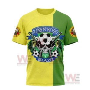The front of a yellow and green Guns N Roses Brazil themed shirt with a skull soccer ball graphic!
