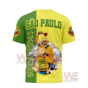 The back of a Brazil themed Guns N Roses shirt with celebrating skeleton soccer players!