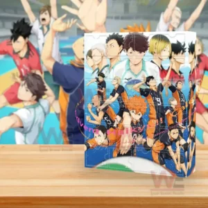 Haikyu advent calendar shown on a wooden table with an animated volleyball court backdrop!