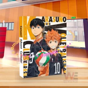 Haikyu advent calendar on a wooden table set against an indoor gym backdrop!