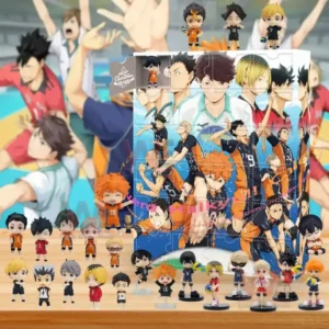 Haikyu advent calendar displayed with many small character figures arranged on a wooden table in front of a colorful volleyball court backdrop!