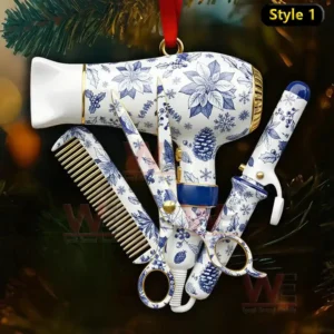 Hairstyling tool ornament with blue floral patterns hanging on a tree!