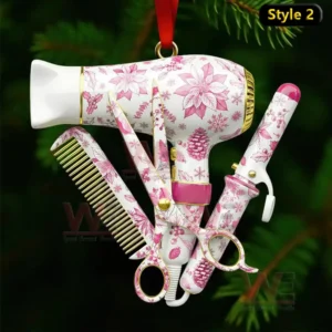Hairstyling tool ornament with pink floral patterns hanging on a tree!