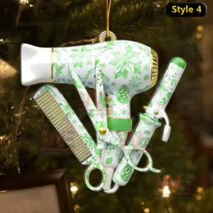 Hairstyling tool ornament with green floral patterns hanging on a tree!