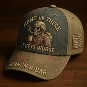 Vintage military cap with embroidered skull soldier and bold stitched text.