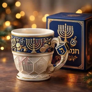 A festive blue and gold Hanukkah themed mug positioned beside a matching decorative box in a softly lit scene!