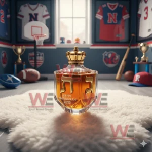 Hanukkah dreidel bottle with gold letters on white rug in sports themed room!