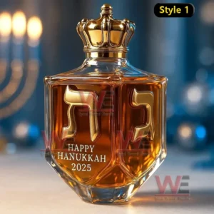 Hanukkah Dreidel Whiskey Bottle 8 Festive Hanukkah dreidel bottle with gold lettering against blue glowing background!