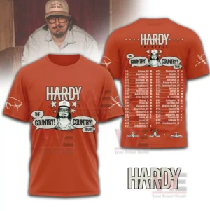 Orange short sleeve tour shirt with artist graphic on the front and tour date list on the back.