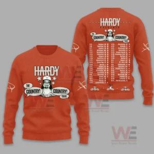 Orange tour sweater with artist illustration on the front and full tour schedule on the back.