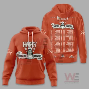 Orange tour hoodie with artist image on front and tour dates on back.