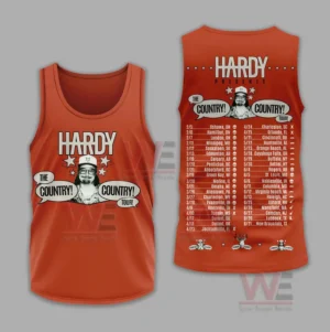 Orange tour tank top with artist graphic on front and extensive tour date list on back.