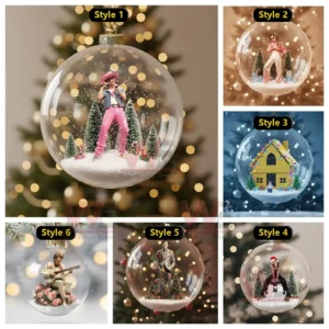 A collage of Christmas ornaments containing figures of Harry Styles in holiday settings arranged in multiple styles inside transparent globes.