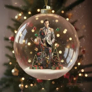 Harry Styles Christmas Ornament 11 A clear Christmas globe ornament featuring Harry Styles in a floral suit surrounded by holiday decorations.