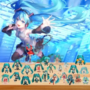 Mini Hatsune Miku figure collection displayed on a wooden table with large city themed artwork of Miku in the background!