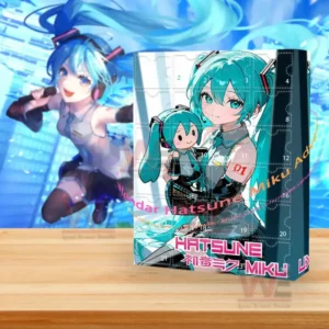 Hatsune Miku advent calendar box on wooden table with cityscape background artwork of Miku performing!