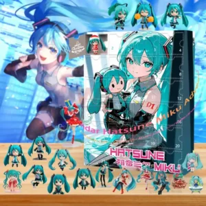 Hatsune Miku advent calendar with mini figure collection displayed on wooden table and blue city themed background!