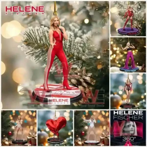 Alt text: Various Helene Fischer-themed Christmas ornaments displayed in different outfits and styles, hanging on a tree.
