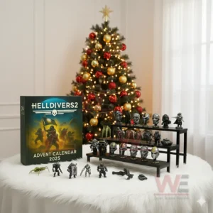 Helldivers 2 Advent Calendar box with miniature figures arranged on a table in front of a decorated Christmas tree!