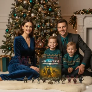 Family posing with the Helldivers 2 Advent Calendar box and collectible figures in front of a decorated Christmas tree!