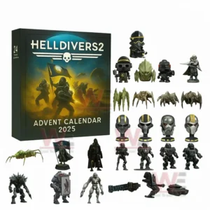 Helldivers 2 Advent Calendar box with all miniature collectible figures including soldiers aliens helmets and weapons displayed clearly!