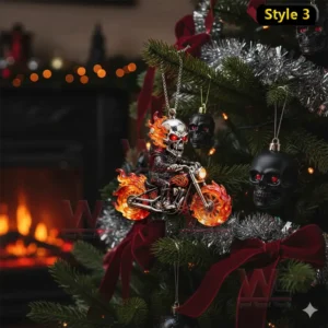 A flaming orange skull biker ornament hanging on a Christmas tree near a fireplace.
