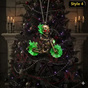 A green flame skull biker ornament hanging on a gothic Christmas tree with skulls and candles.