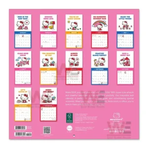 Twelve colorful monthly character themed calendar pages arranged on a pink background!