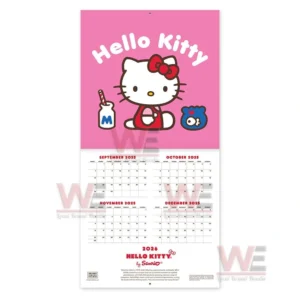 Hello Kitty Playful Pink 2026 Wall Calendar 14 Character illustration above a four month calendar overview on a pink background!