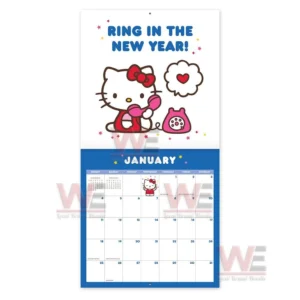 Hello Kitty Playful Pink 2026 Wall Calendar 15 Character holding a phone above a blue January calendar grid!