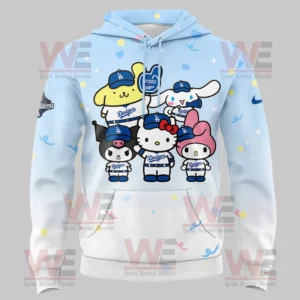 Hello Kitty x LA Dodgers Champions 2025 Hoodie and Pants 7 Front of light blue Dodgers hoodie with Hello Kitty characters in baseball uniforms.