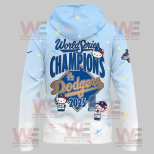 Hello Kitty x LA Dodgers Champions 2025 Hoodie and Pants 8 Back of Dodgers 2025 Champion hoodie with trophy graphic and Hello Kitty celebrating.